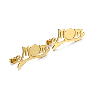 Golden stainless steel MOM letter stud earrings with solid round center disc on white