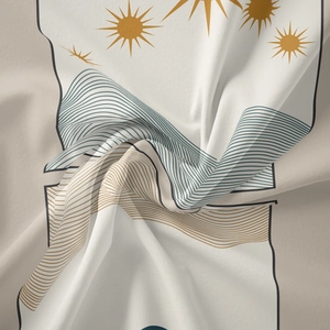 Detailed texture of bohemian tapestry fabric with sun print and soft natural folds