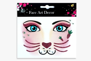 Detailed view of pink glitter cat face sticker with gems in Face Art Decor packaging