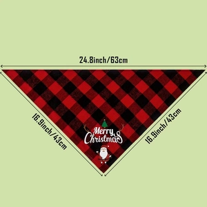 Detailed size chart of a red and black plaid Christmas pet bandana with Merry Christmas text