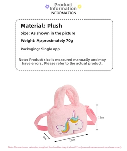 Pink plush unicorn shoulder bag for kids with rainbow embroidery and adjustable strap