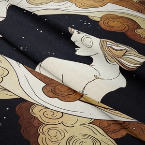 Detailed close-up showing Art Nouveau sun and moon printed fabric texture and soft velvet finish