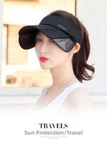 Detail of black sun visor featuring multilayered retractable brim and SPORT lettering