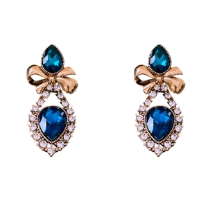 Vintage gold bow earrings with dark blue teardrop pendants and crystal rhinestones