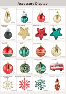 Detailed size guide for 70pcs Christmas ornaments set including red bus and baubles