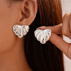 Silver acrylic heart stud earrings with metallic pleated texture for women