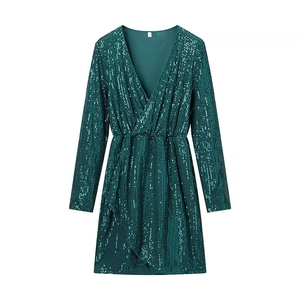 Deep green V-neck sequined long sleeve party dress with wrap-style waist design