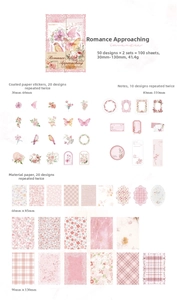 Detailed set showing 100 sheets of pink floral scrapbooking stickers and note papers