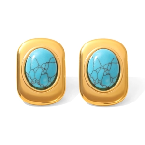 Vintage 18k gold plated stainless steel rectangular earrings with blue turquoise stones