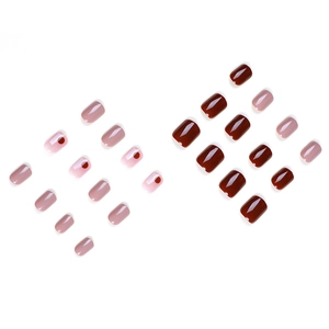 Short square cherry doodle and caramel brown press-on nails with glossy finish