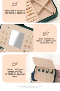 Detail of velvet jewelry box with mirror, necklace hooks, and adjustable dividers
