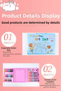 Detail of 208-piece pink kids art set showing portable case and built-in easel with tools