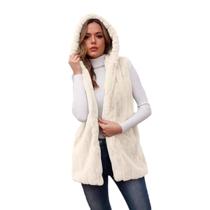 Fashionable off-white hooded faux fur vest for women with soft plush texture and casual fit