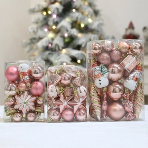 Pink and gold Christmas ornament set with glitter balls, snowmen, and stars in box