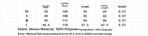 Detailed size chart for women's faux fur jacket with metal trim and measurements