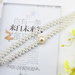 Elegant double-layer pearl waist belt with gold rimmed crystal buckle for dresses