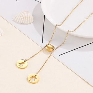 Collier lariat doré en acier inoxydable avec curseur cœur et pendentifs garçon et fille
