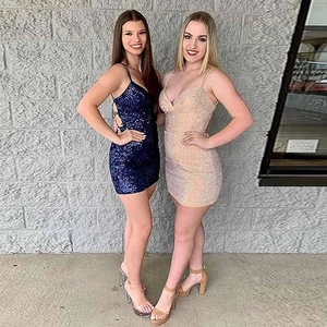 Sparkly sequin V-neck party dresses in navy and champagne gold colors for formal events