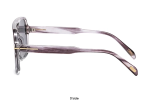 Detailansicht der lila Acetat-Sonnenbrille mit goldenen T-Metall-Akzenten am Scharnier