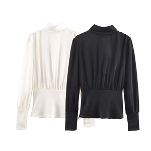 Elegant satin bow back shirt with pleated high collar and slim waist in black and white