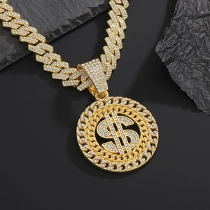 Collier pendentif dollar en or glacé avec cristaux sur chaîne à mailles cubaines