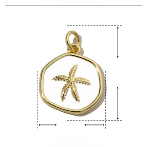 Detailed parameter view of a gold starfish charm with white enamel measuring 20mm by 14mm