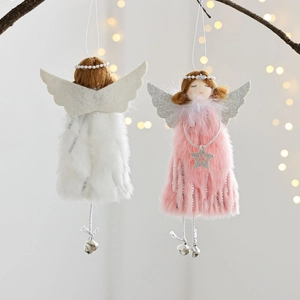 Christmas angel plush doll ornaments with sequins, bells, and wings for tree decoration