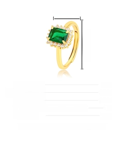 Detail of adjustable 24K gold plated ring with emerald-cut green gemstone and white zircons