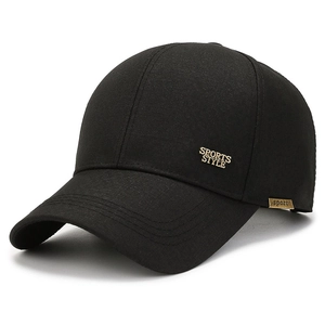 Classic black baseball cap for men in textured twill fabric with gold metal sports plaque