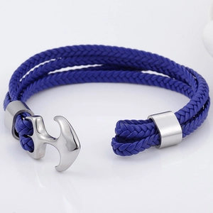 Close-up of anchor clasp detail on multi-layer blue braided leather men bracelet