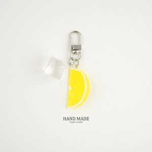 Realistic resin lemon slice keychain with clear ice cube pendant and silver lobster clasp