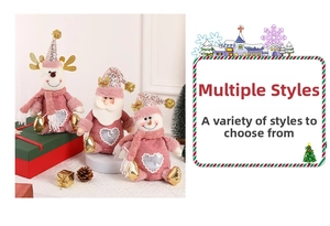 Plush Christmas gift bags featuring pink Santa, reindeer, and snowman with gold sequins