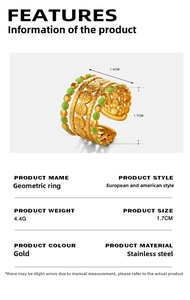 Detailed sizing chart for gold-plated stainless steel ring with green enamel inlay
