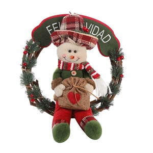 Christmas snowman wreath with natural rattan base and Feliz Navidad greeting sign