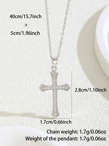 Detail view of cz zircon cross necklace with dimensions and size specifications