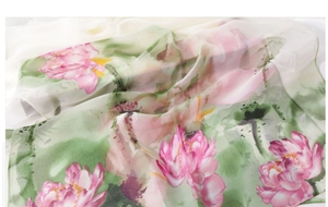Detailed texture of lightweight silk scarf featuring elegant pink lotus ink painting