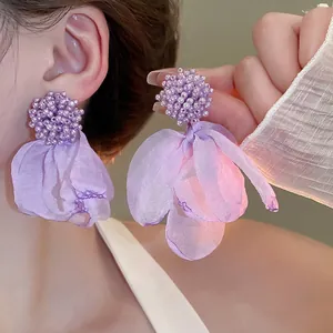 Elegant purple cluster flower fabric earrings with beaded sphere and translucent petals