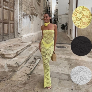 Sexy Spitze Bodycon Maxikleid Damen Spaghettiträger Hollow Out Häkeln Rückenfrei Strand Urlaub Party Mit Blumen Choker