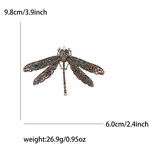 Vintage rhinestone dragonfly brooch in bronze metal with detailed size and weight display