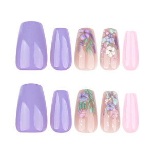 Short coffin press-on nails set with 3D floral designs in purple and pink finish