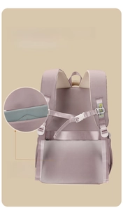 Detail of purple school backpack showing hidden anti-theft pocket and large capacity storage