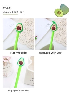 Detailed views of creative avocado-shaped gel pens featuring three cute cartoon designs