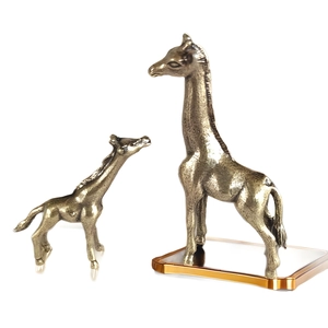 Pair of bronze giraffe figurines with mirror base for miniature landscape decor