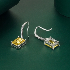 Elegant rectangle yellow zircon drop earrings with S925 silver hooks and micro-pave setting