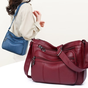 Women Multi Pocket Crossbody Bag Soft PU Leather Litchi Grain Adjustable Strap Large Capacity Retro Shoulder Purse