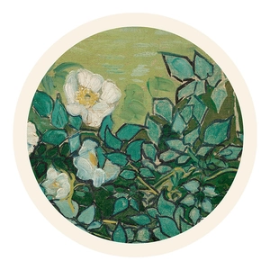 Vintage oil painting style round rug featuring white floral patterns and green leaves