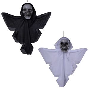 Hanging Halloween ghost decorations with skull heads and white and black gauze fabric