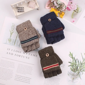 Winter knit convertible gloves for kids in khaki, navy, and green with stripe detail