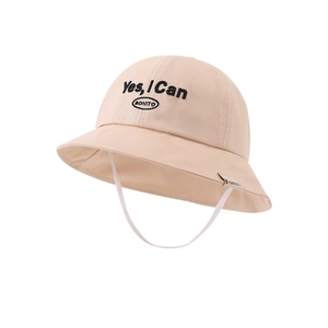Kids' beige cotton bucket hat featuring 'Yes, I Can' embroidery and elastic chin strap