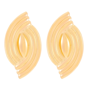 Detailed view of golden teardrop earrings with multi-layered wavy metal texture